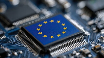 Advanced microchip featuring the European Union flag symbolizes technological innovation and digital integration across the continent