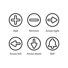 Add, Remove, Arrow right, Arrow left, Arrow down, Bell, Icon