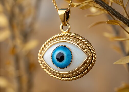 Golden evil eye talisman pendant necklace, a symbol of spiritual protection