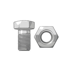 A detailed illustration of a metal hex bolt and its corresponding hexagonal nut.