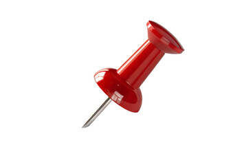 Closeup of a red push pin, a common office supply used to attach paper to a board isolated on transparent background
