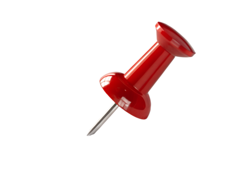 Closeup of a red push pin, a common office supply used to attach paper to a board isolated on transparent background