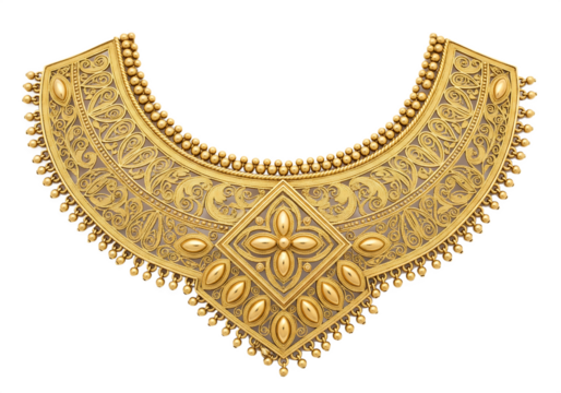 Ornate gold choker necklace with intricate floral and paisley patterns isolated on a transparent background - Powered by Adobe