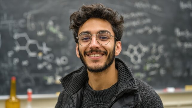 A man with glasses and a beard is smiling in front of a blackboard with equations on it