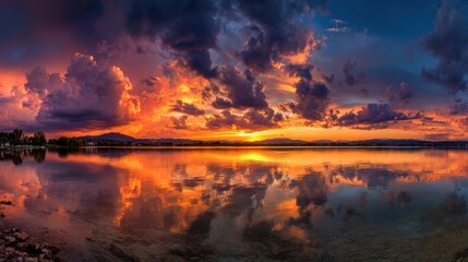 A beautiful sunset over a lake with a reflection of the sky in the water. The sky is filled with clouds and the sun is setting, creating a warm and peaceful atmosphere
