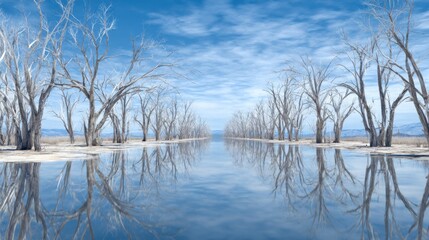 A long, empty road with trees on either side and a body of water in the middle. The water is calm and the sky is clear. The scene is peaceful and serene