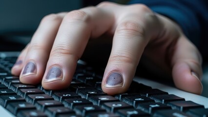 Close-up of fingers on a keyboard with strange spiral nail patterns.