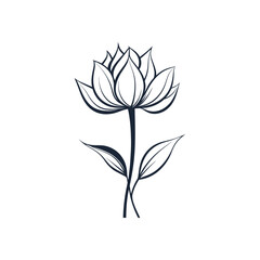 Fototapeta premium Black outline illustration of a simple flower on a stem with two leaves
