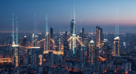 Fototapeta premium Futuristic Cityscape at Night A Vision of Smart City Technology and Urban Development