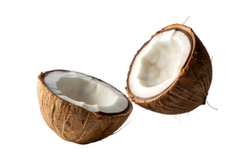 Two halves of a coconut isolated on transparent background, a tropical fruit, healthy, fresh, organic and natural ingredient for desserts