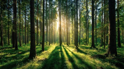 Obraz premium A forest with trees and sunlight shining through the leaves. The sunlight creates a peaceful and serene atmosphere