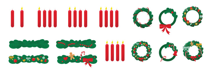 Set Christmas wreath and candles for greeting cards Merry Christmas and happy new year. Vector stock illustration isolated on white background for design poster, holiday cover, advertising, sales.  © l.v.l