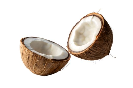 Two halves of a coconut isolated on transparent background, a tropical fruit, healthy, fresh, organic and natural ingredient for desserts