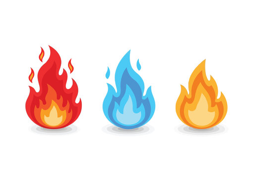 Vector art of three stylized flames in different colors red, blue, and orange, isolated on white background