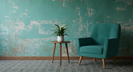 Interior home design of an empty room with a blue chair, dining table, and green wall