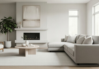 A minimalist living room with modern furniture, showcasing a light, airy, and inviting atmosphere. The room features a large, comfortable sectional sofa and a stylish coffee table.