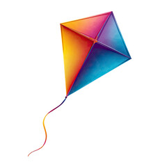 Colorful diamond-shaped kite, diagonally angled, against a black background.  The kite's design features a blend of vibrant colors, including shades of orange, pink, purple.