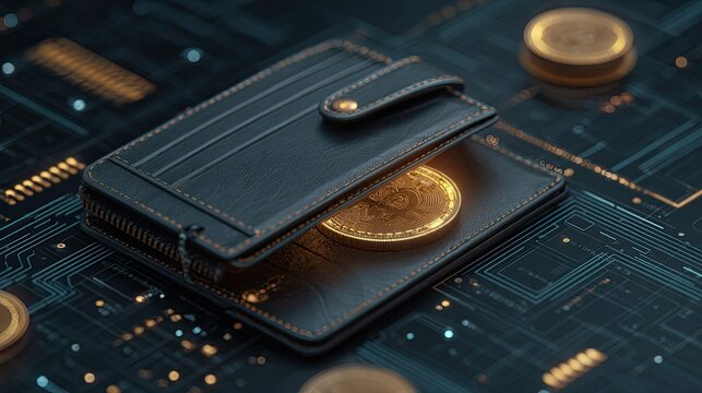 Secure your digital wealth with this sleek leather wallet showcasing a gleaming Bitcoin on a futuristic circuit board background, embodying modern finance and cryptocurrency security