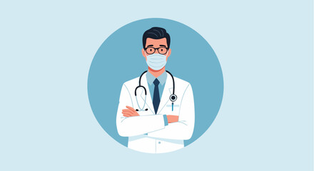Fototapeta premium Friendly and confident, a handsome young doctor in a white coat smiles while standing with a stethoscope around his neck