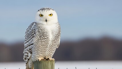 A white snowy owl with yellow eyes perched on a post.