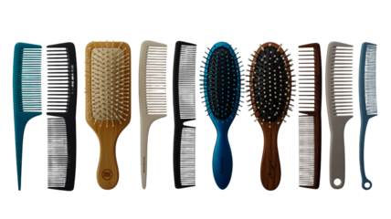 Assortment of Hair Brushes and Combs Arranged in a Line on a White Background hair care styling