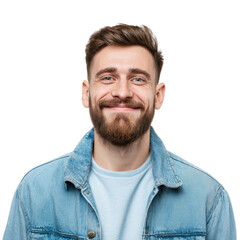 Obraz premium Happy young man with beard, wearing denim jacket, smiling gently against a transparent background. background removed