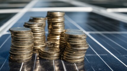 A pile of coins on a solar panel. The coins are stacked on top of each other, creating a sense of abundance and wealth. The image conveys a feeling of prosperity and financial security