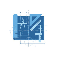 A blue architectural blueprint with drafting tools including a compass, T-square, and set square for technical drawing.