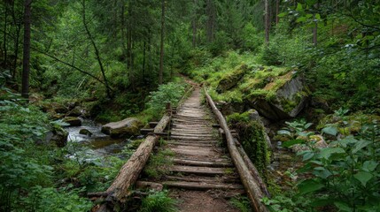 Fototapeta premium A wooden bridge spans a stream in a lush forest. The bridge is old and weathered, but it is surrounded by a beautiful natural setting. Concept of tranquility and peacefulness