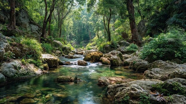 Vibrant sunlit forest stream cascades over mossy rocks, creating a serene and pristine natural paradise perfect for escape and rejuvenation.