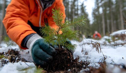 Person planting a small pine tree in snowy forest soil, wearing gloves and orange jacket. Concept of reforestation, nature conservation, and environmental care in winter.