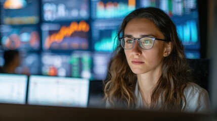 A woman wearing glasses is staring at a computer monitor. She is focused on the screen, possibly working on a project or analyzing data. Concept of concentration and determination