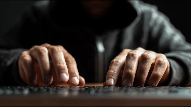 Hacker Working Intensely on Keyboard in Dark Setting While Focused on Screen Display