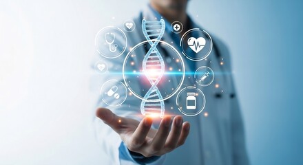 Doctor Holding a Hologram of DNA and Medical Icons Advancements in Genetic Medicine and Healthcare Technology