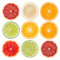 Assortment of citrus fruit slices isolated on transparent background