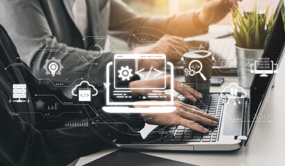 Modern web development concept featuring coding symbols, web development process, web development interface, and web development tools with futuristic design. Spline
