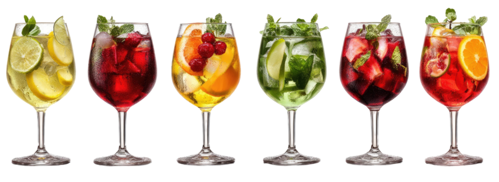 Assorted refreshing fruit cocktails in elegant wine glasses