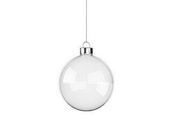 A single silver christmas ornament hangs against a stark black background