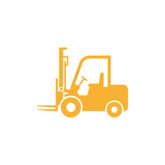A simple yellow icon of a forklift truck used for lifting and moving heavy loads in industrial settings.