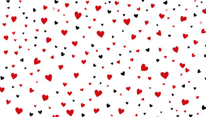 A pattern of small red and black hearts on a white background, flat design, vector illustration, no shadows,
