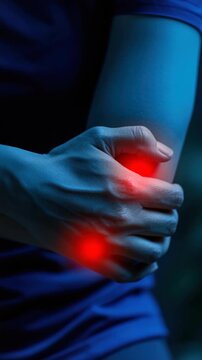 Arm discomfort highlighted with red pain points on elbow and wrist, showing clear agony. Vertical video.