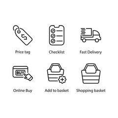 Price tag, Checklist, Fast Delivery, Online Buy, Add to basket, Shopping basket, icon