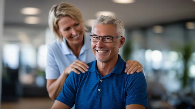 A physiotherapist guides a patient through shoulder flexion exercises, demonstrating attentive care and clear instruction.