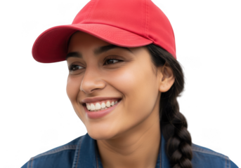 Young woman wearing red baseball cap smiling isolated on transparent background