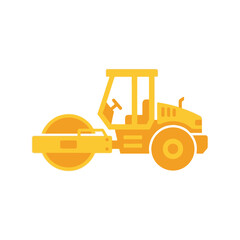 Yellow road roller construction vehicle for compacting asphalt and soil.