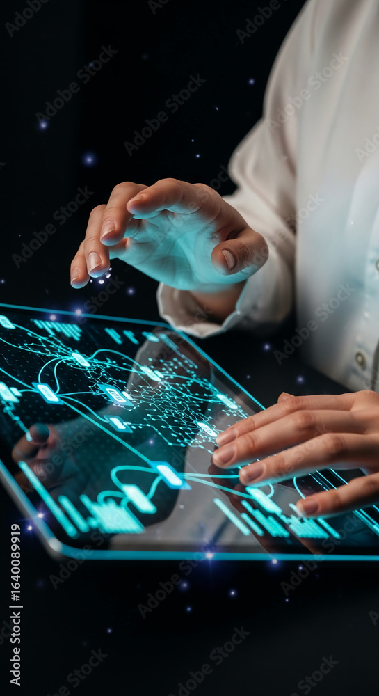 Wall mural hands interacting with a transparent tablet displaying glowing network data, symbolizing technologic