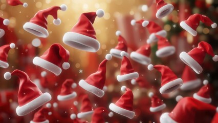 A cascade of falling santa claus hats creating a festive and chaotic pattern against a blurred red and green background. Playful holiday and celebration concept
