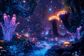 Obraz premium A vibrant alien forest illuminates the night with glowing plants and strange creatures. Bioluminescent flora casts an ethereal light, creating a magical atmosphere