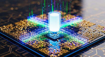 Obraz premium Glowing Cylinder on Circuit Board with Digital Energy Streams technology