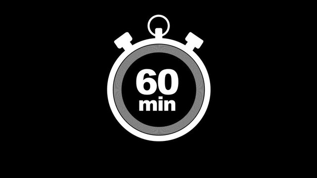 60 minute stopwatch icon isolated , 1 hour timer animation .The 60 minutes stopwatch Animated, Flat-style stopwatch icon, black Background. 60 minutes animation on white and black screen background